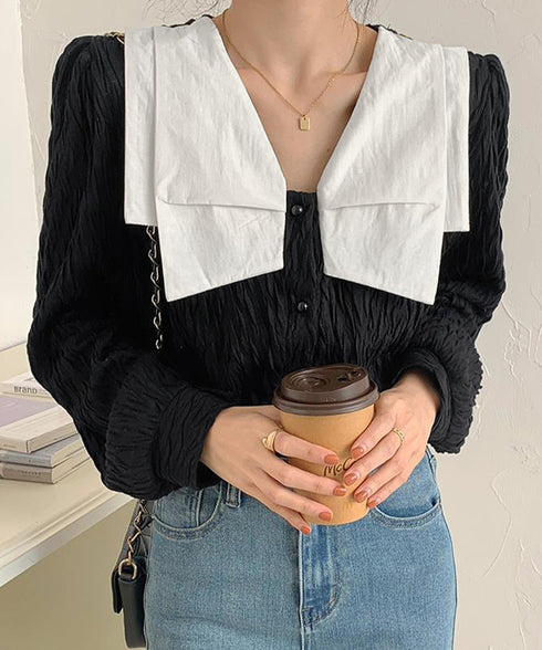 ビッグカラー ワッシャーブラウス 韓国風 ビッグリボン襟ブラウス レディース Vネックシャツブラウス 大人可愛い おしゃれプリーツブラウス上品清楚 パフ袖トップス 6QINGROU-003